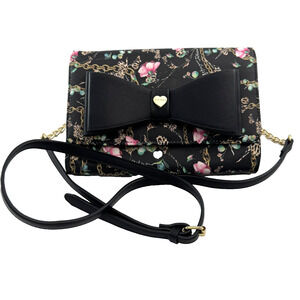 NWOT Betsy Johnson Chain Bow Floral Crossbody Purse Organizer Pink Black 9" X 6"